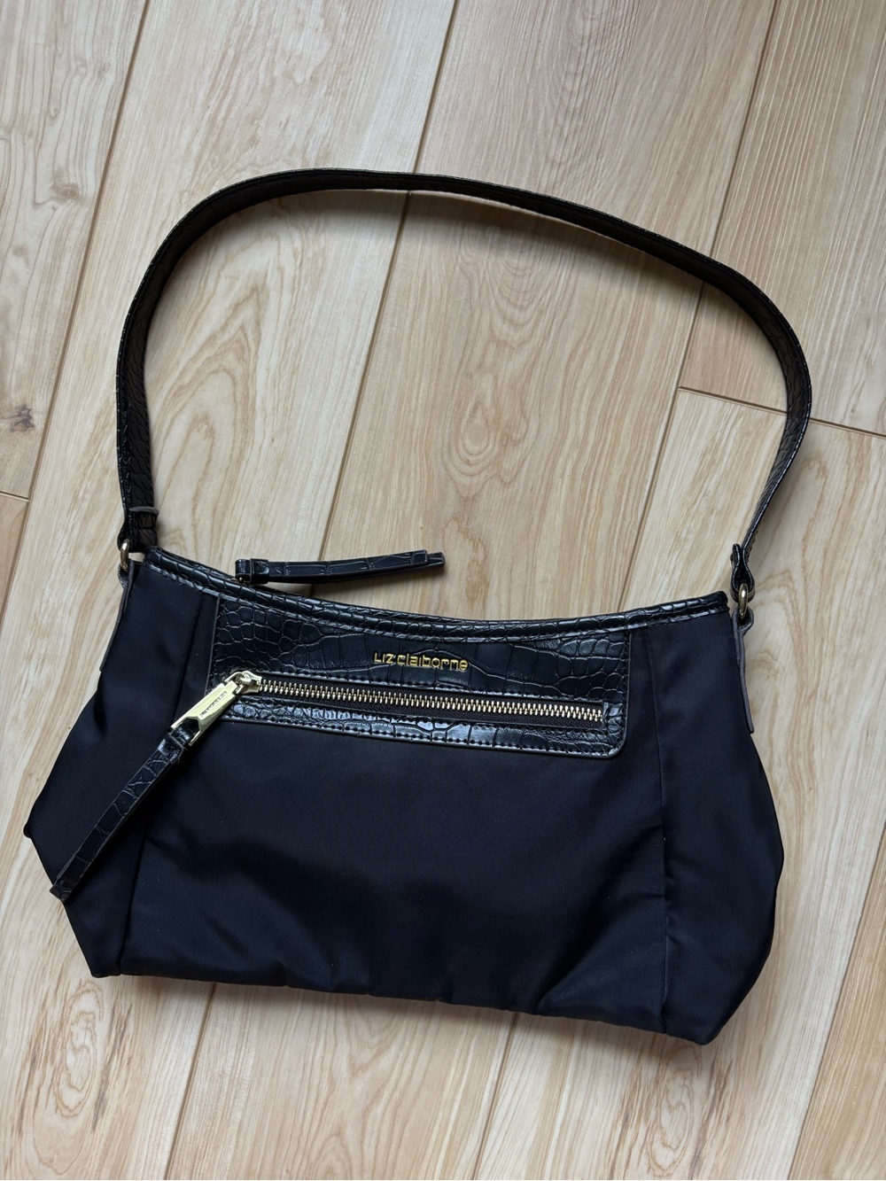 Liz Claiborne Black Shoulder Bag with Croc-Texture Trim and Gold Hardware